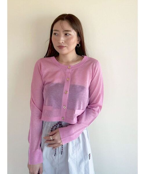 LAGUNAMOON（ラグナムーン）の「メタルボタンシアーニットカーディガン 【夏服】【オフィスカジュアル】【シアートップス】（カーディガン/ボレロ・レディース・グレー/ライトブルー/ピンク/ホワイト・FREE）」の7枚目の写真
