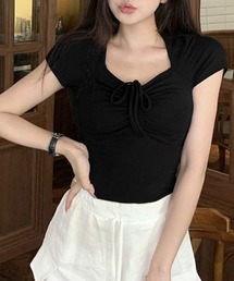 フロントリボンTシャツ ギャザートップス