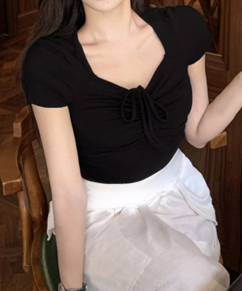 Miniministore（ミニミニストア）の「フロントリボンTシャツ ギャザートップス（Tシャツ/カットソー・レディース・アイボリー/ブラック/グレイッシュベージュ/ピンク・FREE）」の16枚目の写真