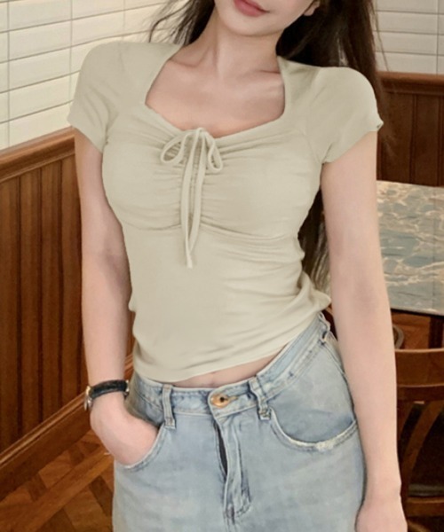 Miniministore（ミニミニストア）の「フロントリボンTシャツ ギャザートップス（Tシャツ/カットソー・レディース・アイボリー/ブラック/グレイッシュベージュ/ピンク・FREE）」の18枚目の写真