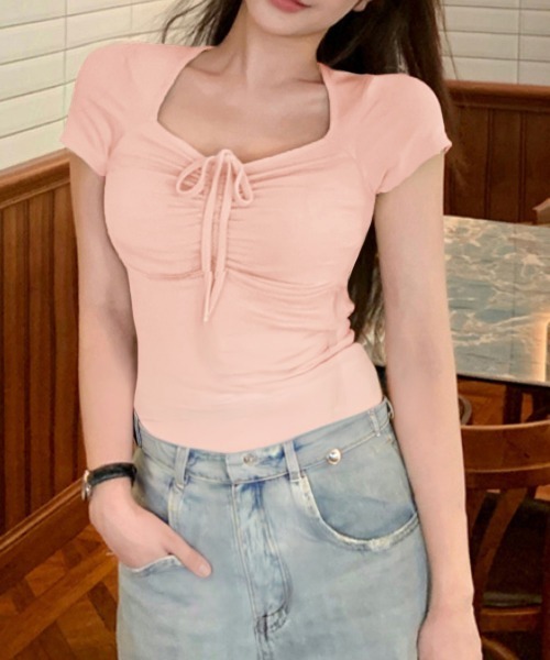 Miniministore（ミニミニストア）の「フロントリボンTシャツ ギャザートップス（Tシャツ/カットソー・レディース・アイボリー/ブラック/グレイッシュベージュ/ピンク・FREE）」の22枚目の写真