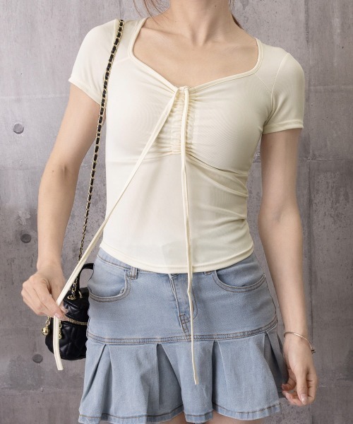 Miniministore（ミニミニストア）の「フロントリボンTシャツ ギャザートップス（Tシャツ/カットソー・レディース・アイボリー/ブラック/グレイッシュベージュ/ピンク・FREE）」の7枚目の写真