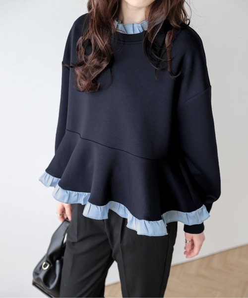 SUGAR BISKET（シュガービスケット）の「フリルドッキングペプラムトップス（Tシャツ/カットソー・レディース・グレー/ブラック/ネイビー/ネイビー系1/グレー系1/ブラック系1・フリー）」の16枚目の写真