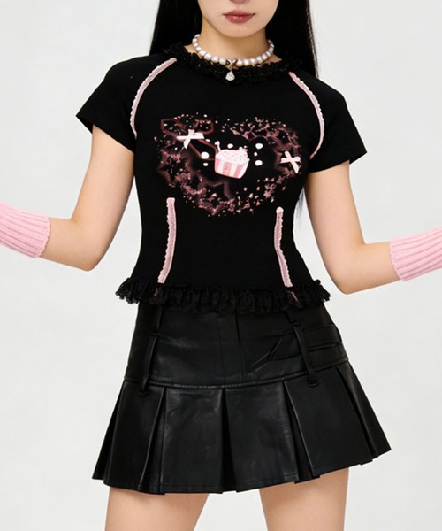 HOOK(フック)の「HOOK for girls リボン×プリント レースTシャツ (SS)(Tシャツ/カットソー・レディース・ホワイト/ブラック・L/M)」の1枚目の写真
