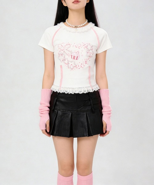 HOOK(フック)の「HOOK for girls リボン×プリント レースTシャツ (SS)(Tシャツ/カットソー・レディース・ホワイト/ブラック・L/M)」の9枚目の写真