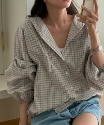 チェック柄フード付きルーズシャツ