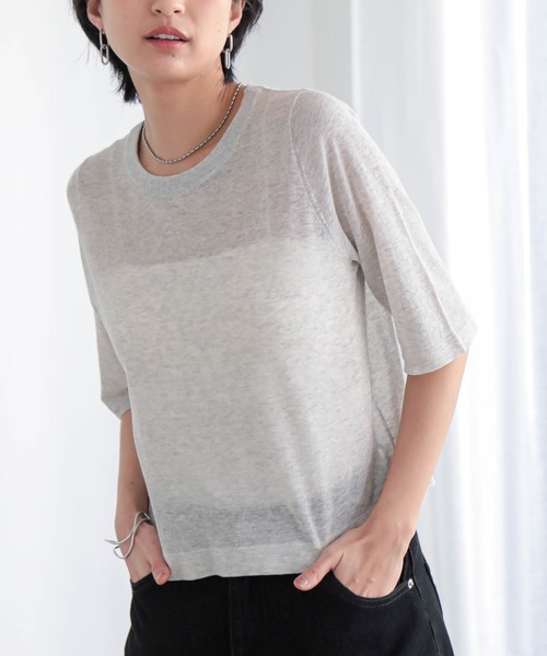 for/c(フォーシー)の「シアーニットTシャツ【サスティナブル】(Tシャツ/カットソー・レディース・グレー/オフホワイト/ブラック/レッド/ブラウン・M/L)」の3枚目の写真
