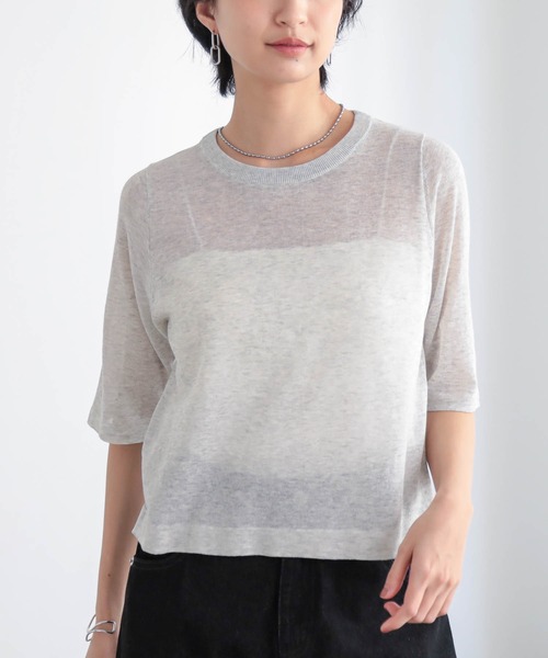 for/c(フォーシー)の「シアーニットTシャツ【サスティナブル】(Tシャツ/カットソー・レディース・グレー/オフホワイト/ブラック/レッド/ブラウン・M/L)」の10枚目の写真