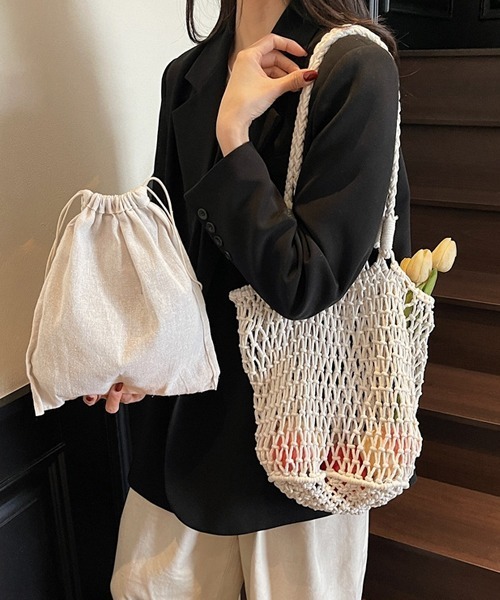 Ressaca(レサーカ)の「マクラメトートバッグ 巾着付き(トートバッグ・レディース・ブラック/ベージュ/オフホワイト/グリーン/イエロー/パープル/レッド・FREE)」の10枚目の写真