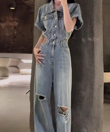 ダメージデニム ウエストマーク オールインワン