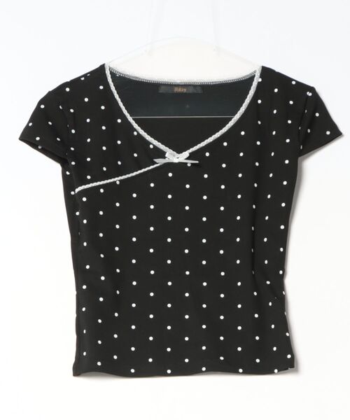 Ritzy(リッツィー)の「ドット柄 フロントリボン タイトシルエット トップス(Tシャツ/カットソー・レディース・ブラック・L/M)」の5枚目の写真