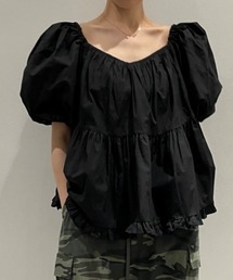 パフスリーブ シャーリング フリルブラウス