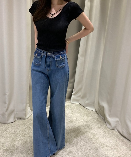 Girly Doll（ガーリードール）の「前後2way 半袖Vネックニット（ニット/セーター・レディース・オフホワイト/ブルー/ブラック・FREE）」の10枚目の写真