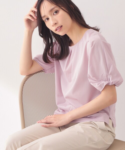 index(インデックス)の「【吸水速乾】ストライプ調デザインスリーブトップス《洗濯機OK》(Tシャツ/カットソー・レディース・ブラウン系その他3/ピンク系7/ブルー系その他4/ベージュ系その他6/チャコール・42/40/38/36/34/44)」の5枚目の写真