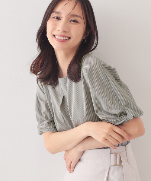 index(インデックス)の「【吸水速乾】ストライプ調デザインスリーブトップス《洗濯機OK》(Tシャツ/カットソー・レディース・ブラウン系その他3/ピンク系7/ブルー系その他4/ベージュ系その他6/チャコール・42/40/38/36/34/44)」の2枚目の写真