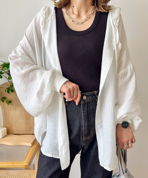 SUNFLOWER EIGHT（サンフラワーエイト）の「mayoさんコラボ！フード付きシアーシャツ（シャツ/ブラウス・レディース・グレイッシュベージュ/イエロー/ホワイト/ブラウン・FREE）」の21枚目の写真