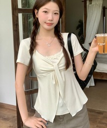 レイヤード風リボン半袖カットソー