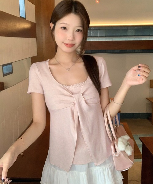LAFFMO(ラフモ)の「レイヤード風リボン半袖カットソー(Tシャツ/カットソー・レディース・ピンク/グレー/ベージュ・XL/L)」の3枚目の写真