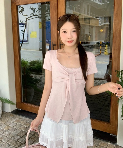 LAFFMO(ラフモ)の「レイヤード風リボン半袖カットソー(Tシャツ/カットソー・レディース・ピンク/グレー/ベージュ・XL/L)」の10枚目の写真