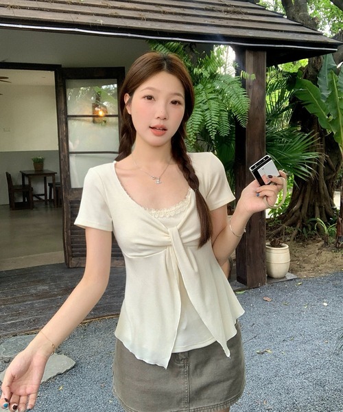 LAFFMO(ラフモ)の「レイヤード風リボン半袖カットソー(Tシャツ/カットソー・レディース・ピンク/グレー/ベージュ・XL/L)」の14枚目の写真