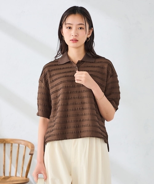 a.v.v(アーヴェヴェ)の「フリルボーダーポロトップス(Tシャツ/カットソー・レディース・ブラウン/アイボリー・39)」の11枚目の写真