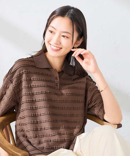 a.v.v(アーヴェヴェ)の「フリルボーダーポロトップス(Tシャツ/カットソー・レディース・ブラウン/アイボリー・39)」の21枚目の写真