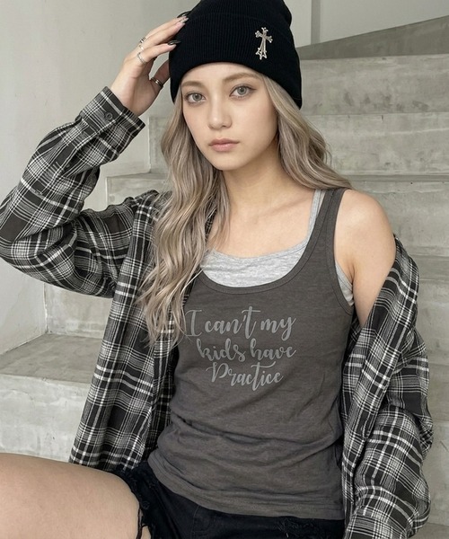 non-hedge(ノンヘッジ)の「ロゴノースリーブタンクトップキャミソールセット(Tシャツ/カットソー・レディース・ブルー/グレー/オフホワイト/チャコールグレー・FREE)」の5枚目の写真