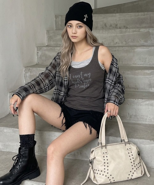non-hedge(ノンヘッジ)の「ロゴノースリーブタンクトップキャミソールセット(Tシャツ/カットソー・レディース・ブルー/グレー/オフホワイト/チャコールグレー・FREE)」の8枚目の写真