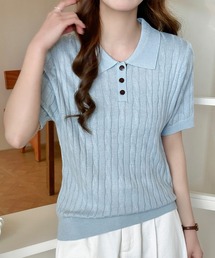 DAY CLOSET | 【ボタンでアレンジできる2WAY】レイヤード風バイカラー配色。ポロカラー×キーネックニットシャツ レディース(ポロシャツ)