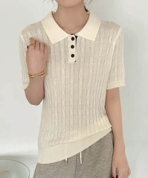 DAY CLOSET（デイ クローゼット）の「【ボタンでアレンジできる2WAY】レイヤード風バイカラー配色。ポロカラー×キーネックニットシャツ レディース（ポロシャツ・レディース・ライトブルー/グレー/ライム/アイボリー・FREE）」の13枚目の写真
