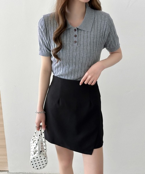 DAY CLOSET（デイ クローゼット）の「【ボタンでアレンジできる2WAY】レイヤード風バイカラー配色。ポロカラー×キーネックニットシャツ レディース（ポロシャツ・レディース・ライトブルー/グレー/ライム/アイボリー・FREE）」の21枚目の写真