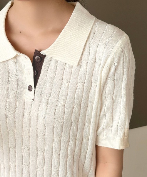 DAY CLOSET（デイ クローゼット）の「【ボタンでアレンジできる2WAY】レイヤード風バイカラー配色。ポロカラー×キーネックニットシャツ レディース（ポロシャツ・レディース・ライトブルー/グレー/ライム/アイボリー・FREE）」の8枚目の写真