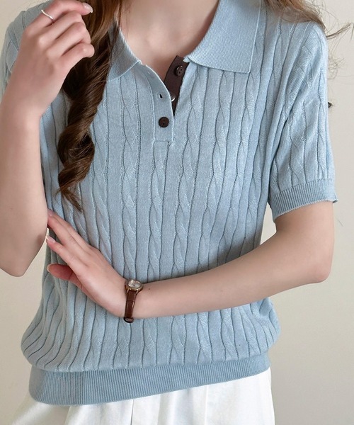 DAY CLOSET（デイ クローゼット）の「【ボタンでアレンジできる2WAY】レイヤード風バイカラー配色。ポロカラー×キーネックニットシャツ レディース（ポロシャツ・レディース・ライトブルー/グレー/ライム/アイボリー・FREE）」の9枚目の写真
