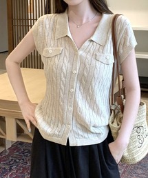 フェイクポケット付きスキッパー衿半袖ケーブルニットカーディガン