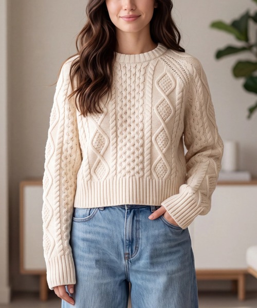 PENDLETON(ペンドルトン)の「【T20】【PENDLETON/ペンドルトン】CROPPED FISHERMAN SWEATER(ニット/セーター・レディース・ワインレッド/グリーン/ナチュラル・MEDIUM/SMALL)」の2枚目の写真