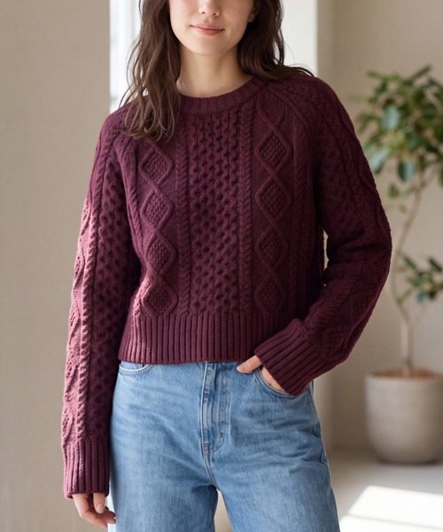 PENDLETON(ペンドルトン)の「【T20】【PENDLETON/ペンドルトン】CROPPED FISHERMAN SWEATER(ニット/セーター・レディース・ワインレッド/グリーン/ナチュラル・MEDIUM/SMALL)」の3枚目の写真