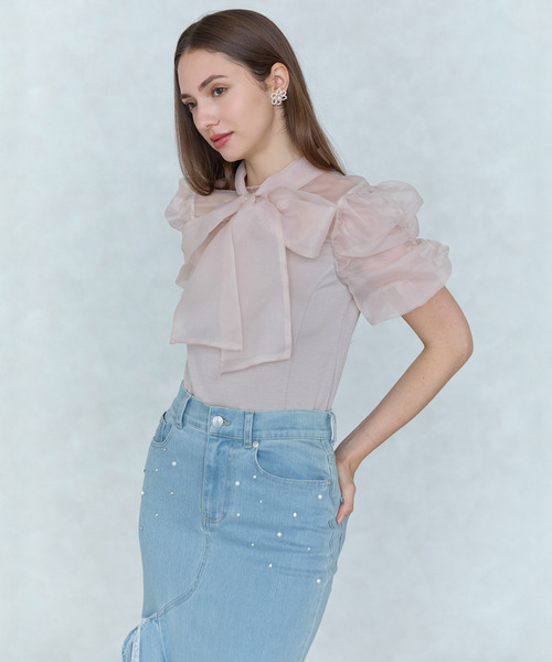 ROYAL PARTY(ロイヤルパーティー)の「シアーリボンドッキングカットトップス(Tシャツ/カットソー・レディース・ブラック/オフホワイト/ピンクベージュ・FREE)」の9枚目の写真