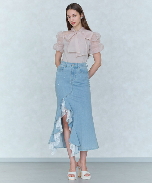 ROYAL PARTY(ロイヤルパーティー)の「シアーリボンドッキングカットトップス(Tシャツ/カットソー・レディース・ブラック/オフホワイト/ピンクベージュ・FREE)」の10枚目の写真