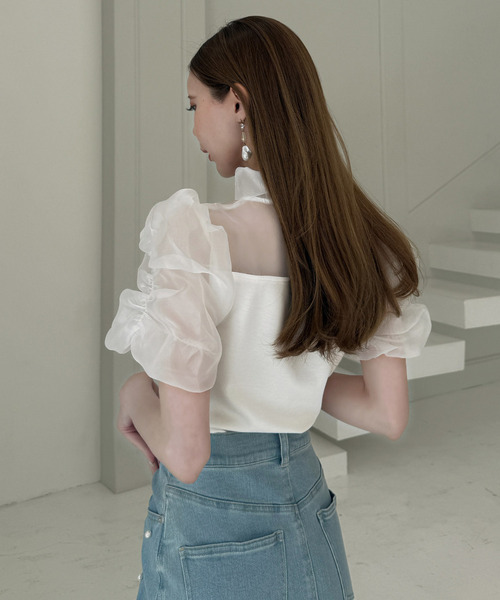 ROYAL PARTY(ロイヤルパーティー)の「シアーリボンドッキングカットトップス(Tシャツ/カットソー・レディース・ブラック/オフホワイト/ピンクベージュ・FREE)」の6枚目の写真
