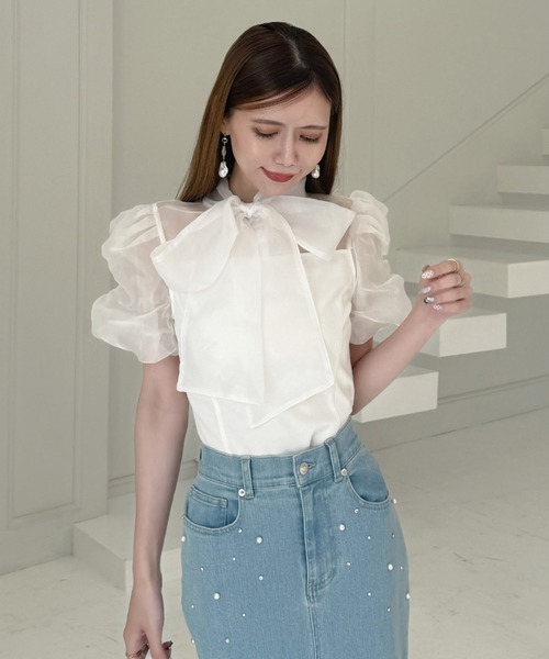 ROYAL PARTY(ロイヤルパーティー)の「シアーリボンドッキングカットトップス(Tシャツ/カットソー・レディース・ブラック/オフホワイト/ピンクベージュ・FREE)」の2枚目の写真