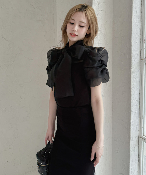 ROYAL PARTY(ロイヤルパーティー)の「シアーリボンドッキングカットトップス(Tシャツ/カットソー・レディース・ブラック/オフホワイト/ピンクベージュ・FREE)」の4枚目の写真