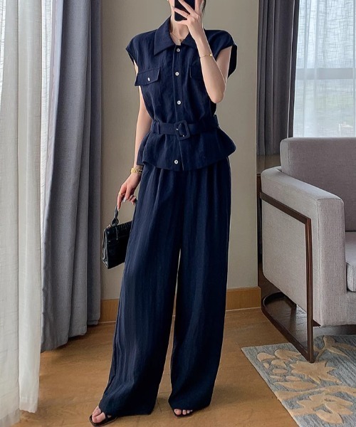 FAVORITO（ファヴォリート）の「シャツ型トップスワイドパンツセットアップ（セットアップ・レディース・ネイビー・S/L/M）」の2枚目の写真