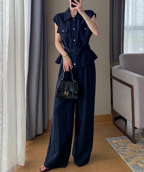 FAVORITO（ファヴォリート）の「シャツ型トップスワイドパンツセットアップ（セットアップ・レディース・ネイビー・S/L/M）」の3枚目の写真