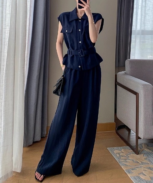 FAVORITO（ファヴォリート）の「シャツ型トップスワイドパンツセットアップ（セットアップ・レディース・ネイビー・S/L/M）」の4枚目の写真