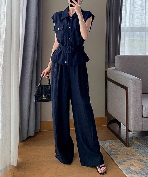FAVORITO（ファヴォリート）の「シャツ型トップスワイドパンツセットアップ（セットアップ・レディース・ネイビー・S/L/M）」の5枚目の写真