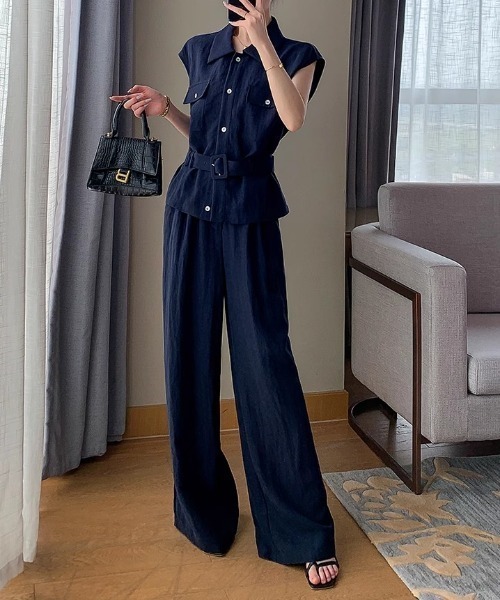 FAVORITO（ファヴォリート）の「シャツ型トップスワイドパンツセットアップ（セットアップ・レディース・ネイビー・S/L/M）」の6枚目の写真