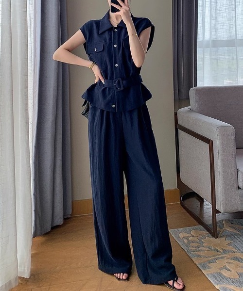 FAVORITO（ファヴォリート）の「シャツ型トップスワイドパンツセットアップ（セットアップ・レディース・ネイビー・S/L/M）」の7枚目の写真