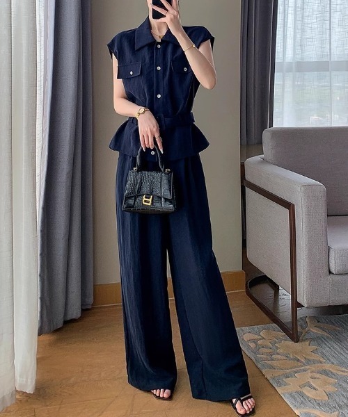 FAVORITO（ファヴォリート）の「シャツ型トップスワイドパンツセットアップ（セットアップ・レディース・ネイビー・S/L/M）」の9枚目の写真