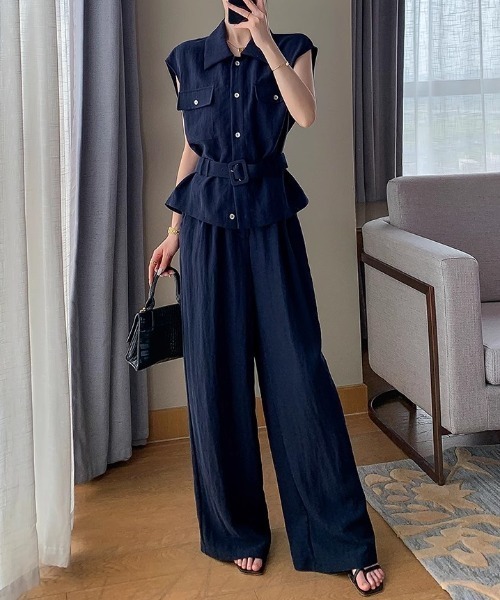 FAVORITO（ファヴォリート）の「シャツ型トップスワイドパンツセットアップ（セットアップ・レディース・ネイビー・S/L/M）」の10枚目の写真