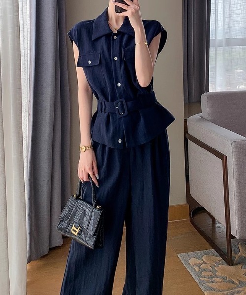 FAVORITO（ファヴォリート）の「シャツ型トップスワイドパンツセットアップ（セットアップ・レディース・ネイビー・S/L/M）」の12枚目の写真